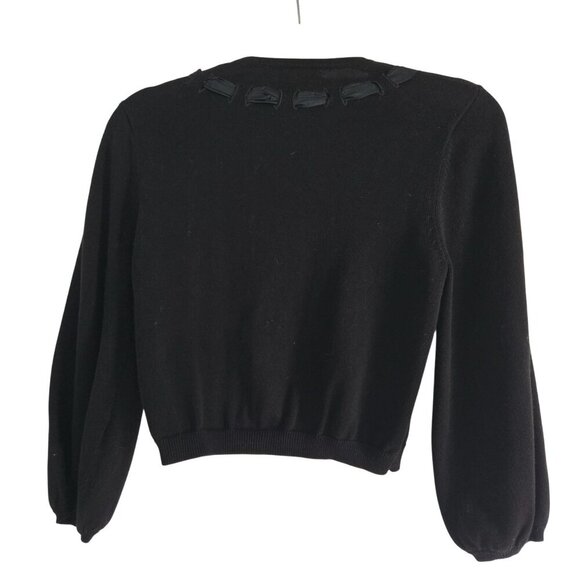 Nanette Lepore Black Covered Button Cropped Cardigan Sweater Silk Ribbon Size S - Picture 2 of 6